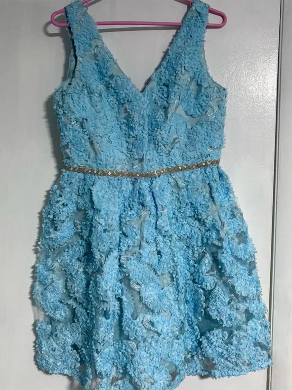 Minuet Petite Powder Blue Textured Party Dress with Beaded Waistband